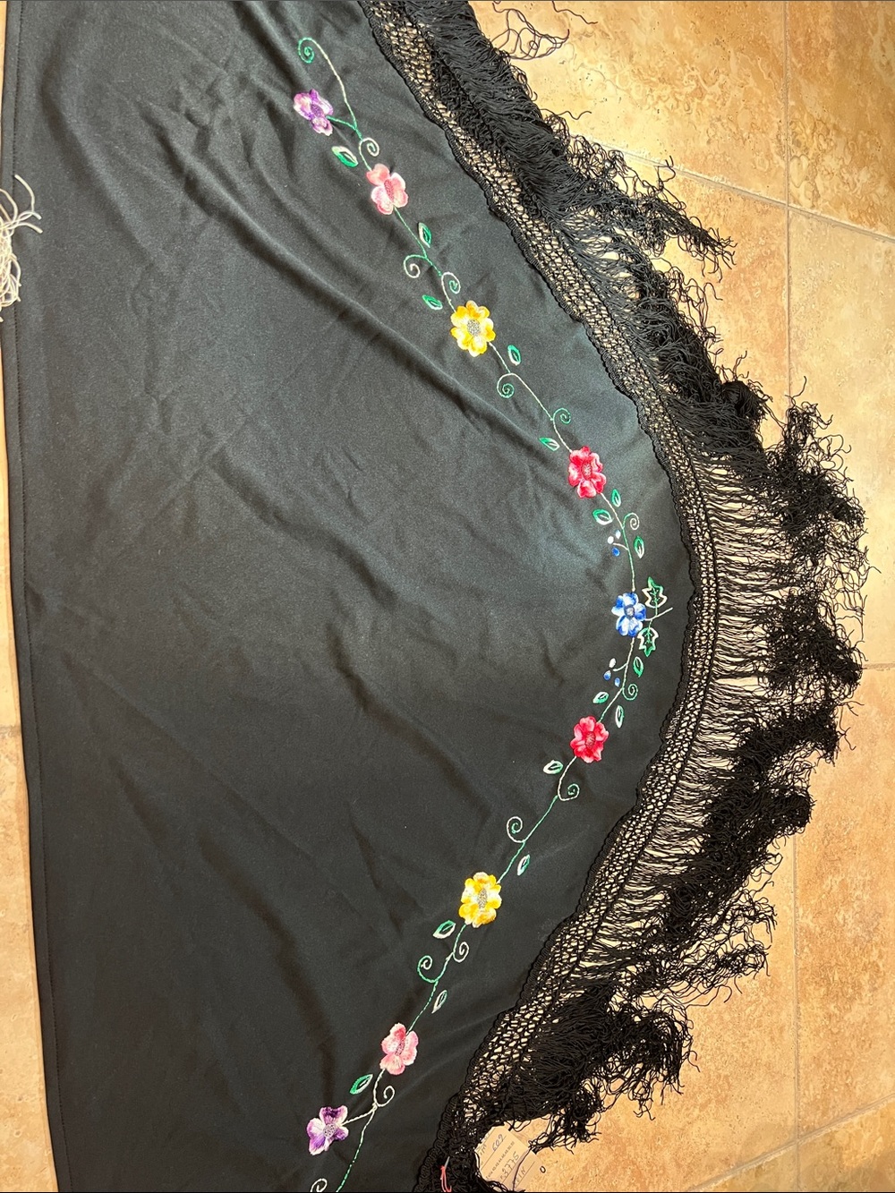 Black Floral Embroidered Fringe Skirt